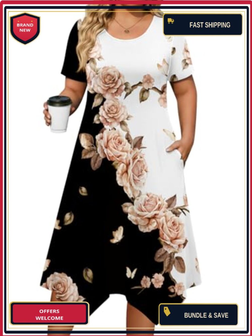 Plus Size Midi Dress with Pockets Asymmetrical Crew Neck Short Sleeve Casual